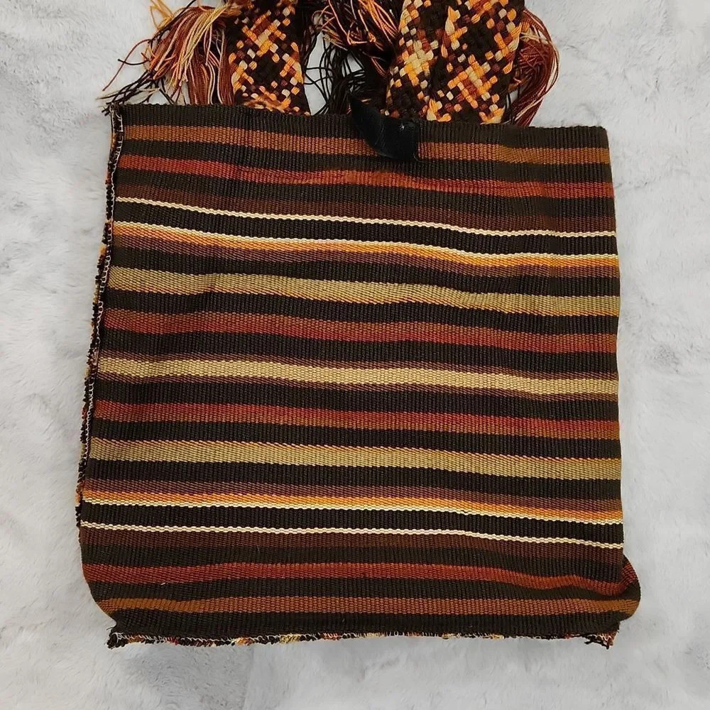 Handwoven Boho Woven Bucket Crossbody Bag Tribal Stripe Wood Bead Tassels - Picture 10 of 10
